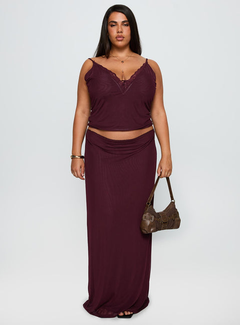 Reiko Lace Trim Tie Front Maxi Set Burgundy Curve
