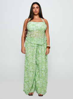 side view of model wearing Princess Polly Finesse Halter Top Green Floral Curve Sleeveless Square Neck 
