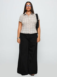 front view of model wearing Princess Polly Cottesloe Blouse Top Brown Check Curve Short Sleeves V-Neck 