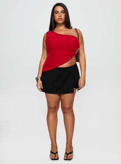 front view of model wearing Princess Polly For The Thrill Skort Black Curve High Waisted Shorts 