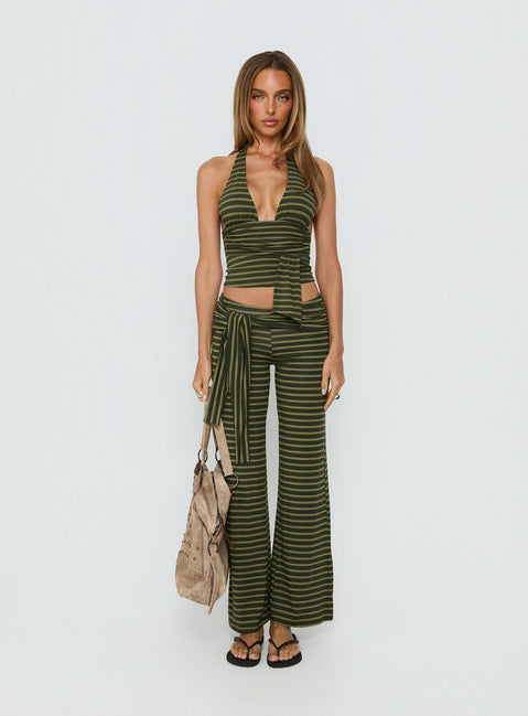 front view of model wearing Princess Polly Esata Tie Detail Pants Green Stripe Mid Rise Pants 