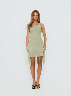 Family Ties Ruched One Shoulder Mini Dress Green
