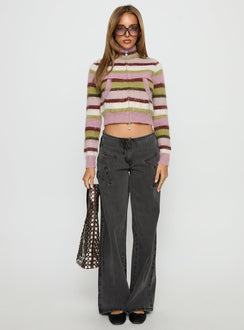 side view of model wearing Princess Polly Keeva Zip Through Knit Jumper Pink / Green Stripe Jumpers 