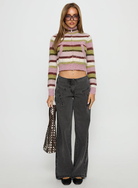 side view of model wearing Princess Polly Keeva Zip Through Knit Jumper Pink / Green Stripe Jumpers 