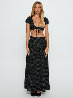Alletta Drop Waist Maxi Skirt Black Polka