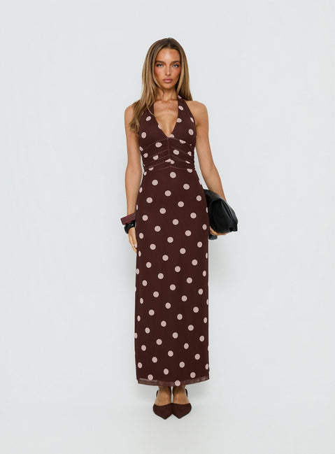 Saviana Halter Ruched Maxi Dress Chocolate / Pink Polka Dot