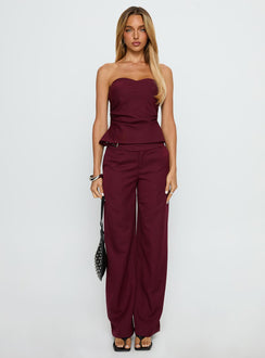front view of model wearing Princess Polly Jinny Relaxed Buckle Tailored Pants Berry Pinstripe Low Rise Pants 