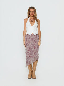 back view of model wearing Princess Polly Suella Asymmetrical Midi Skirt Paisley Multi 