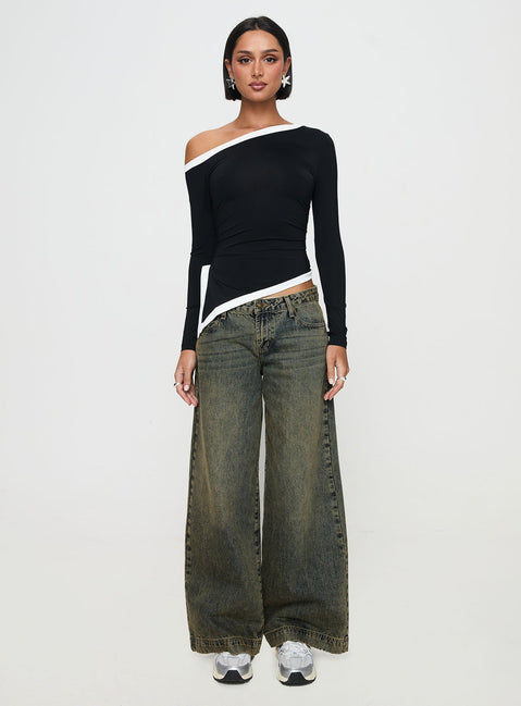 front view of model wearing Princess Polly Fake Smile Long Sleeve Top Black Full Sleeves Asymmetric Neckline 