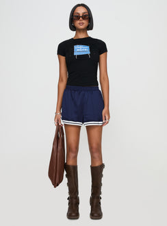 front view of model wearing Princess Polly Longer Days Short Navy High Waisted Shorts 