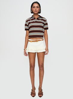 back view of model wearing Princess Polly Leisure Polo Chocolate Multi Short Sleeves High Neck 