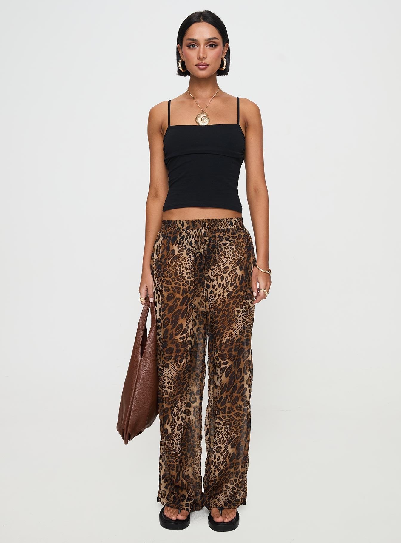 back view of model wearing Princess Polly Fyre Wide Leg Pant Leopard Petite Low Rise Pants 