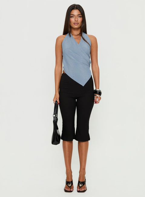 Lillyan Cross Front Backless Top Blue Shimmer