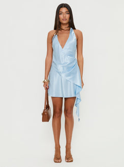 Annissa Plunge Halter Mini Dress Light Blue