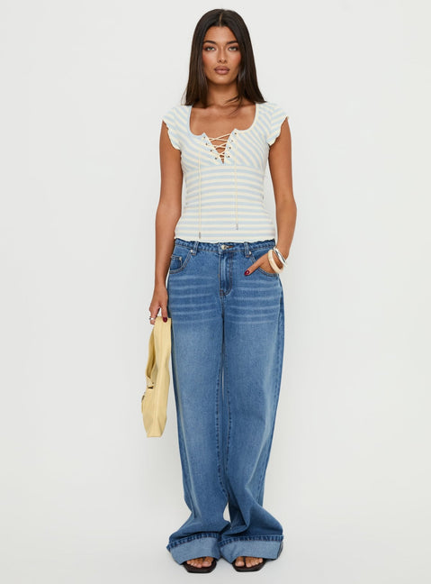 Jacenda Tie Up Short Sleeve Top Blue Stripe