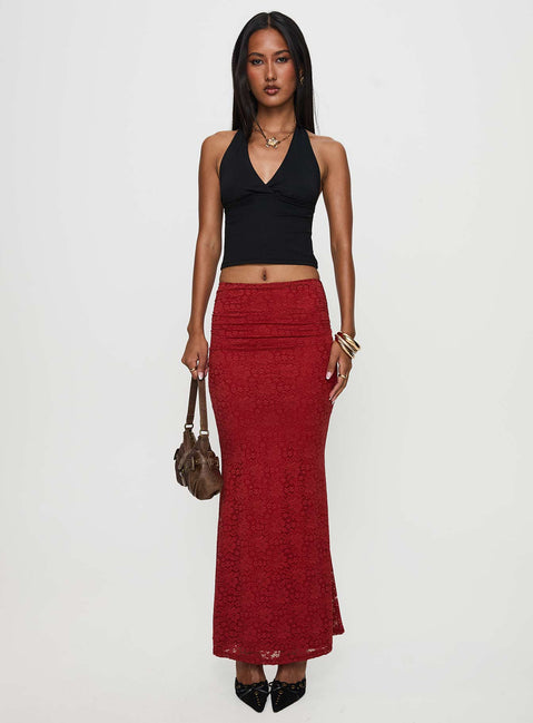   side view of model wearing Princess Polly Silene Maxi Skirt Red 