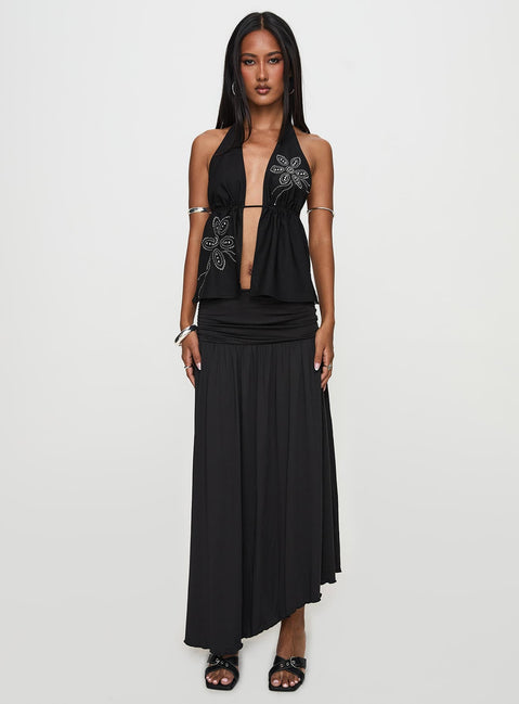   front view of model wearing Princess Polly Gezabele Asymmetrical Maxi Skirt Black Maxi 