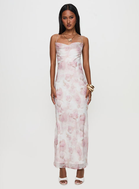 back view of model wearing Princess Polly Kalyssa Maxi Dress Multi Floral Cowl Neck 