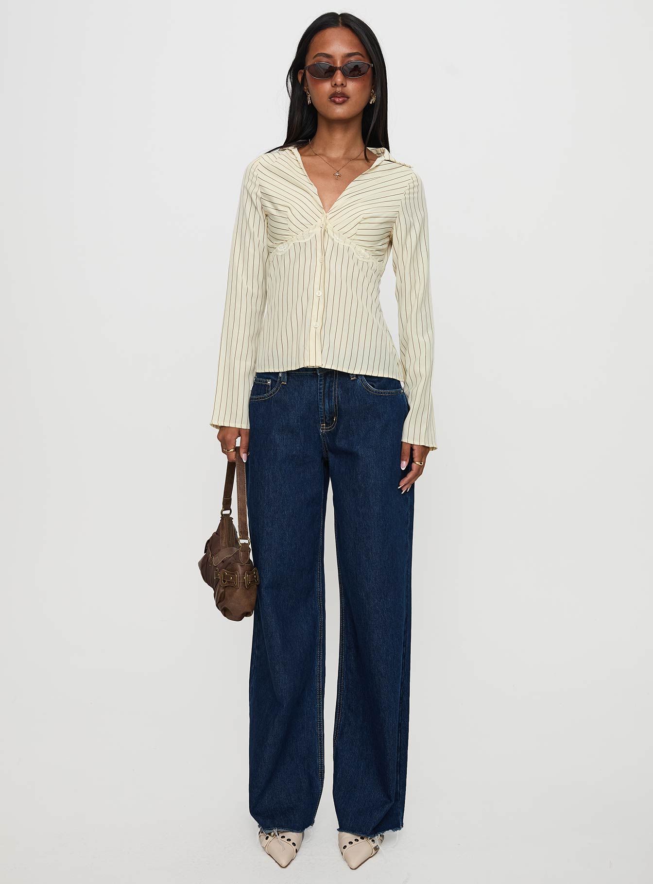 back view of model wearing Princess Polly Life Begins Long Sleeve Lace Trim Top Cream Stripe Full Sleeves V-Neck 