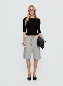 front view of model wearing Princess Polly Kether Longline Basketball Studs Short Grey Marle Mid Rise Pants 