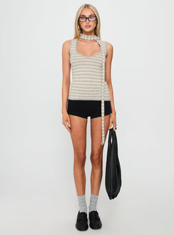 Roana Reversible Scarf Tie Knit Top Grey Stripe