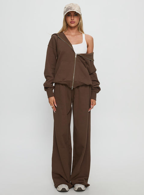 front view of model wearing Princess Polly All Day Straight Leg Sweatpants Chocolate Brown High Rise Pants 