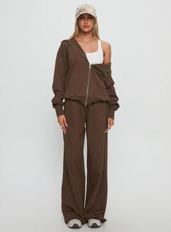 front view of model wearing Princess Polly All Day Oversized Hoodie Chocolate Longline Jumpers 