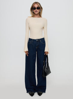 side view of model wearing Princess Polly Mayok Long Sleeve Bodysuit Beige Full Sleeves 