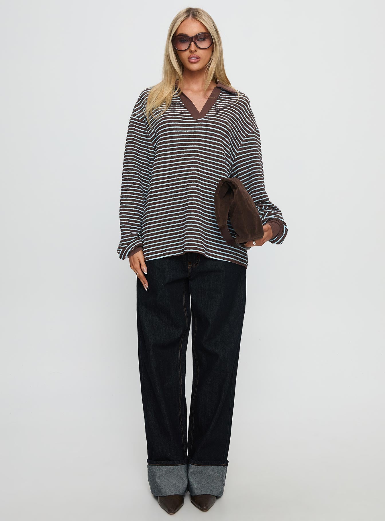 front view of model wearing Princess Polly Rigbys Collared Jumper Brown / Blue Stripe Longline Jumpers 