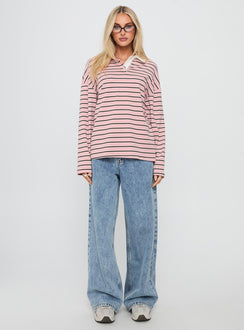 side view of model wearing Princess Polly High Regard Collared Jersey Pink Stripe Cropped 