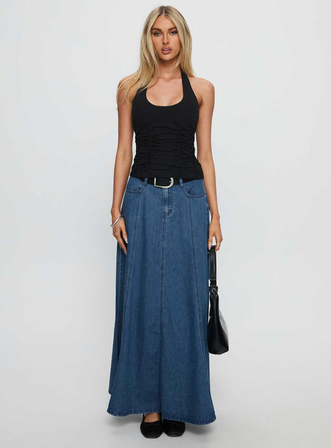   front view of model wearing Princess Polly Charleigh Soft Pleat Denim Maxi Skirt Mid Blue Wash Maxi 