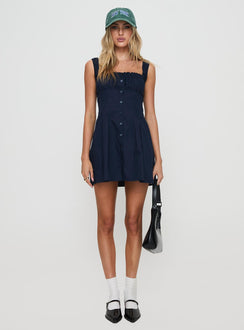 side view of model wearing Princess Polly Wait For You Mini Dress Navy Square Neck 