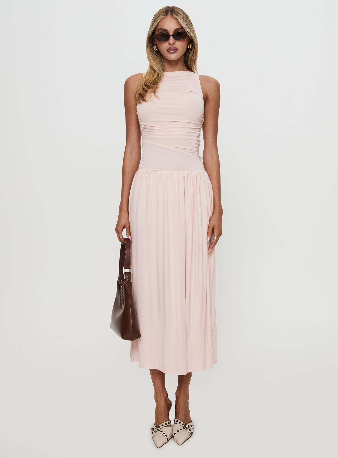 front view of model wearing Princess Polly Reveur Ruched Maxi Dress Pink High Neck 