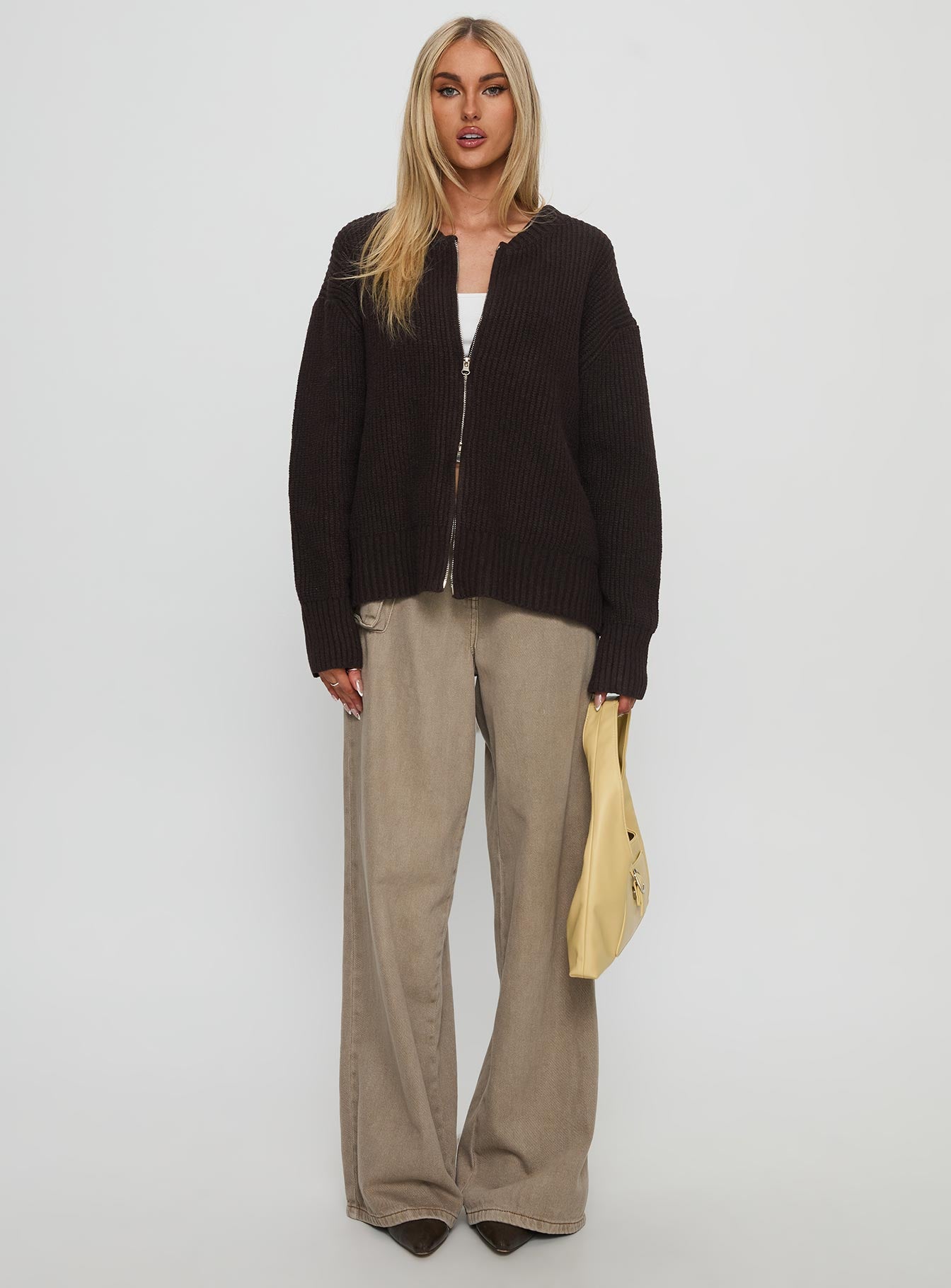 front view of model wearing Princess Polly Lexene Zip Through Jumper Chocolate Longline Jumpers 