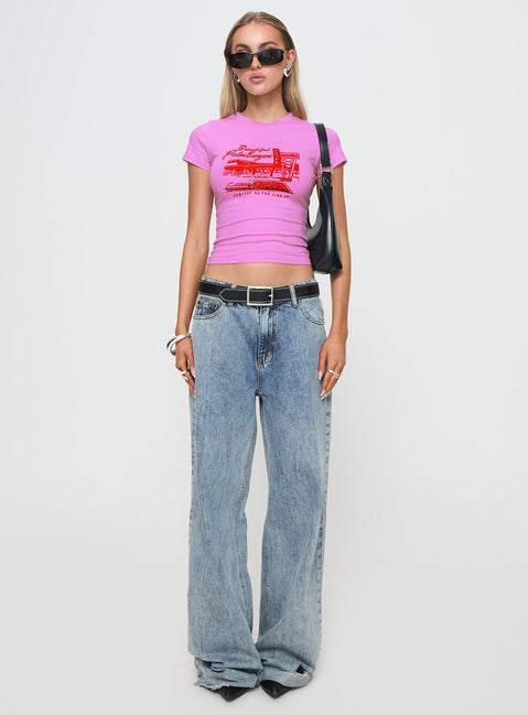 side view of model wearing Princess Polly Palm Canyon Tee Pink Short Sleeves Crew Neck 