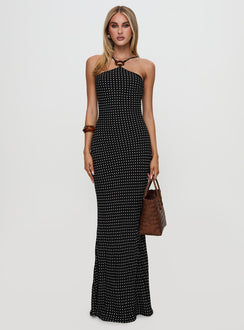 front view of model wearing Princess Polly Evyn Halter Maxi Dress Polka Dot Asymmetric Neckline 