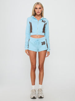 side view of model wearing Princess Polly Notable Double Zipper Jumper Blue cropped 