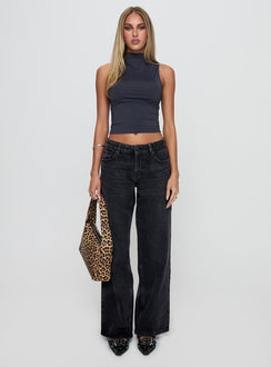 front view of model wearing Princess Polly Serenitia Mid Rise Relaxed Jeans Washed Black Mid Rise 