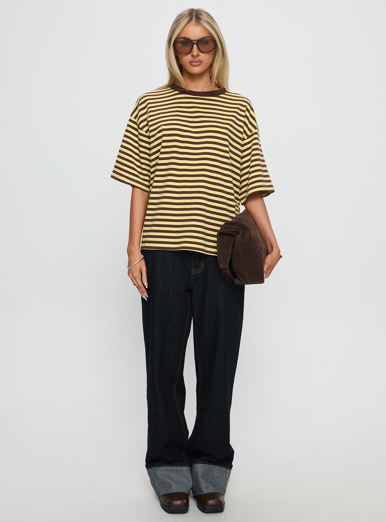 Settle Down Short Sleeve Top Yellow / Brown Stripe