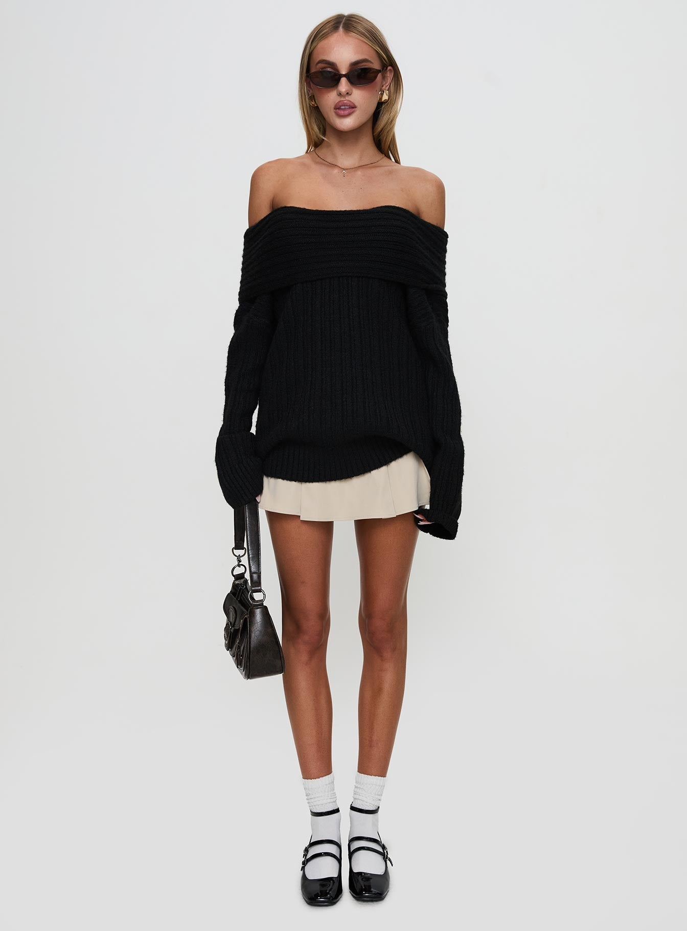 front view of model wearing Princess Polly Snowie Off Shoulder Knit Sweater Black Long 
