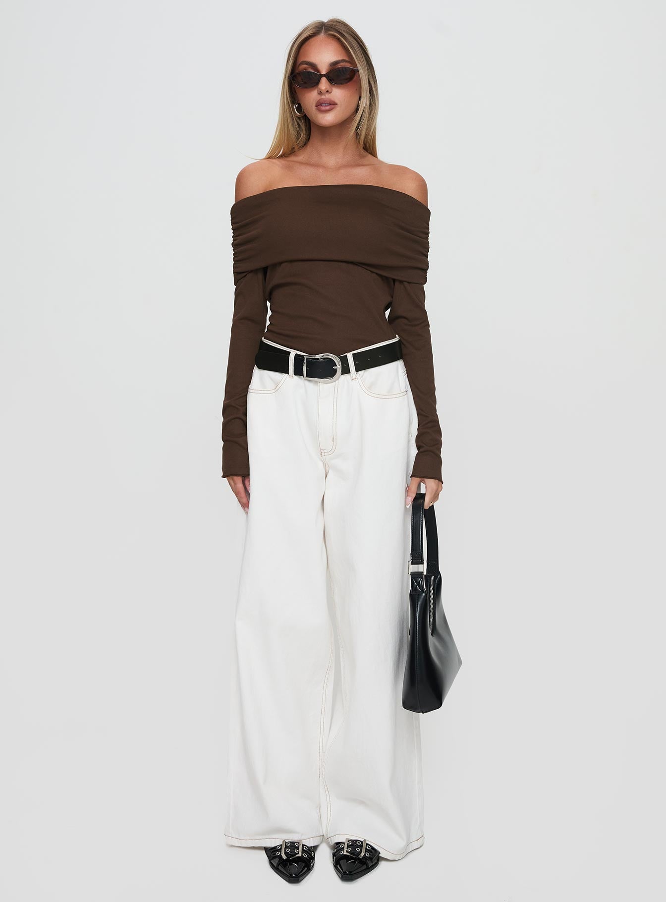 front view of model wearing Princess Polly Spoilt Off The Shoulder Bodysuit Brown Long Sleeve Tops 