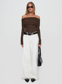 front view of model wearing Princess Polly Spoilt Off The Shoulder Bodysuit Brown Long Sleeve Tops 
