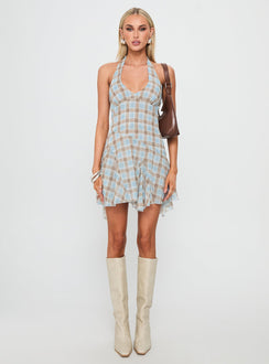 Valorie Halter Mini Dress Blue Check