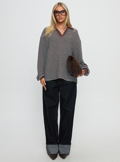 front view of model wearing Princess Polly Rigbys Collared Jumper Brown / Blue Stripe Longline Jumpers Jumpers 