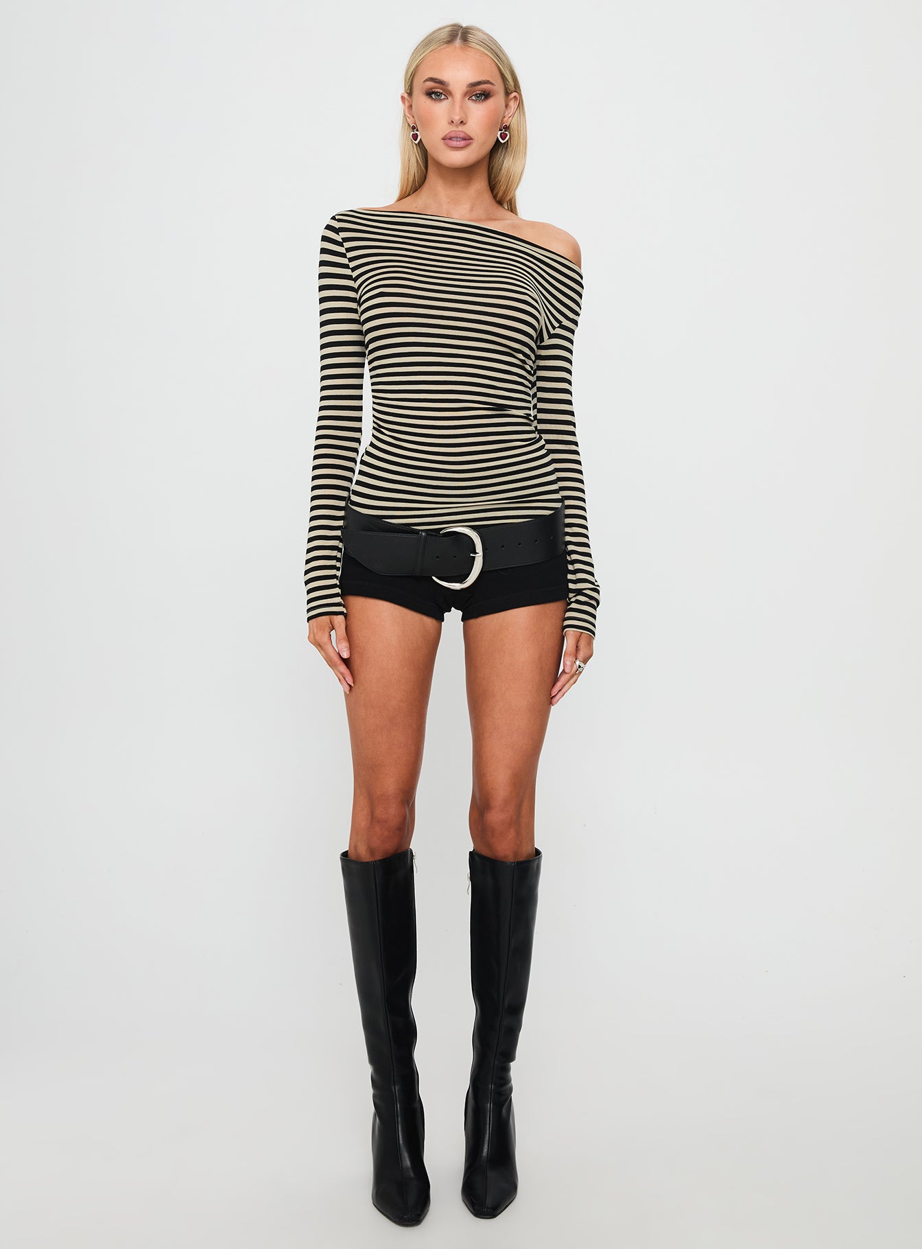 Dereka One Shoulder Long Sleeve Top Beige Stripe