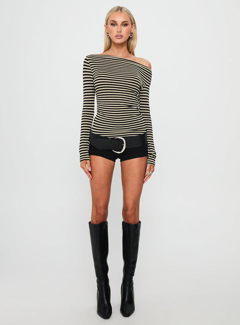 Dereka One Shoulder Long Sleeve Top Beige Stripe