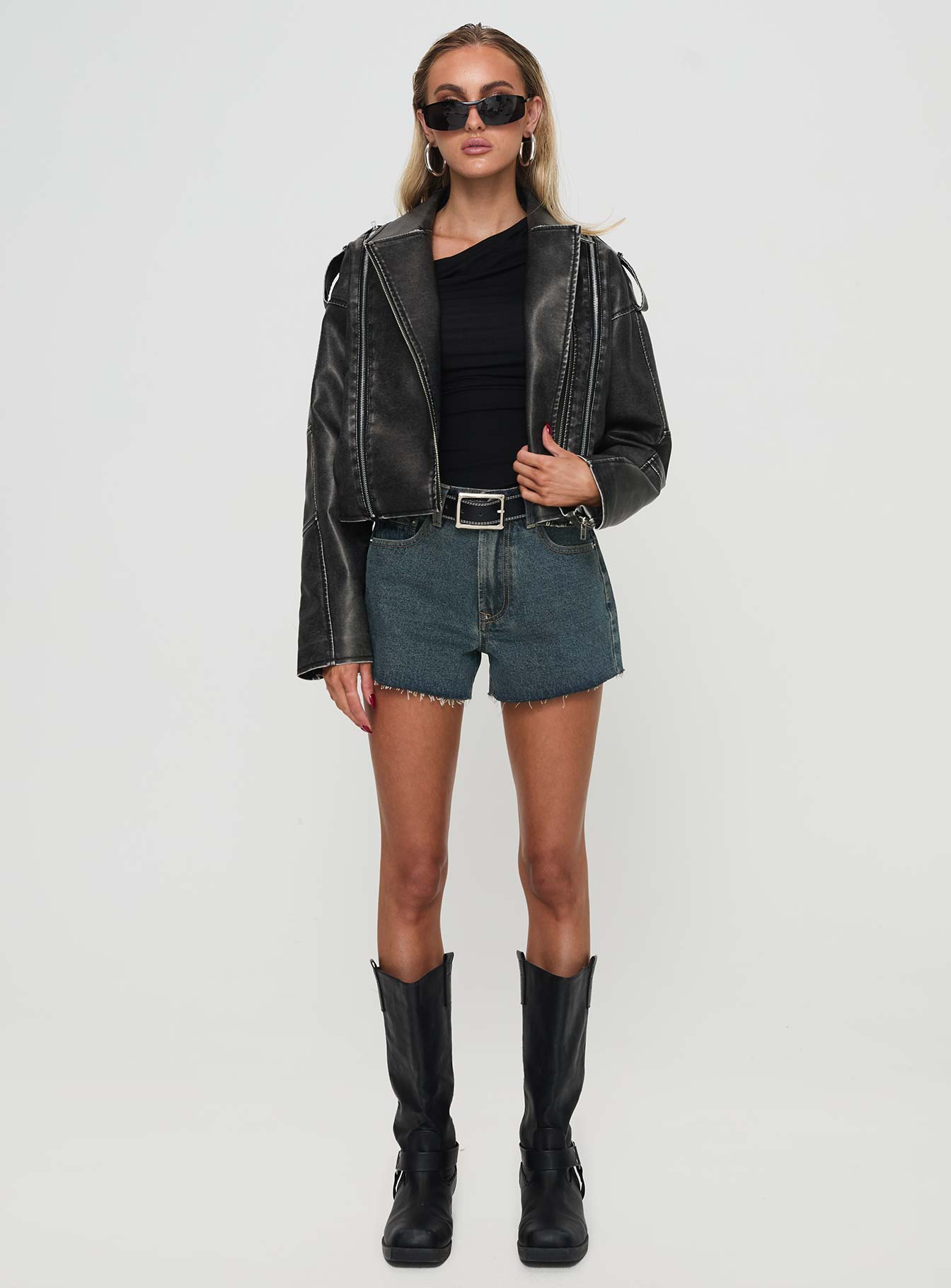 Faux leather jacket Classic collar, silver-toned hardware, twin pockets, dual zip fastening Non-stretch material, fully lined 