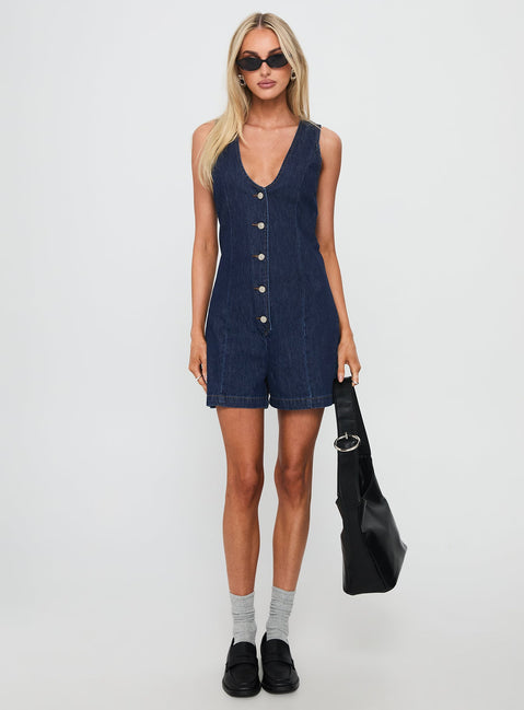 Arcore Button Up Denim Playsuit Dark Wash