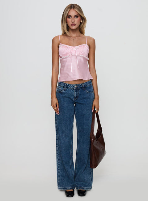 Zerah Lace Trim Satin Top Pink