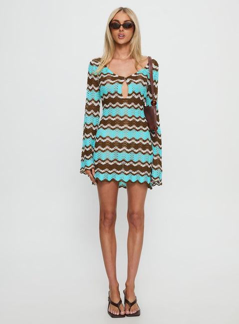 Suka Long Sleeve Knit Mini Dress Brown / Blue